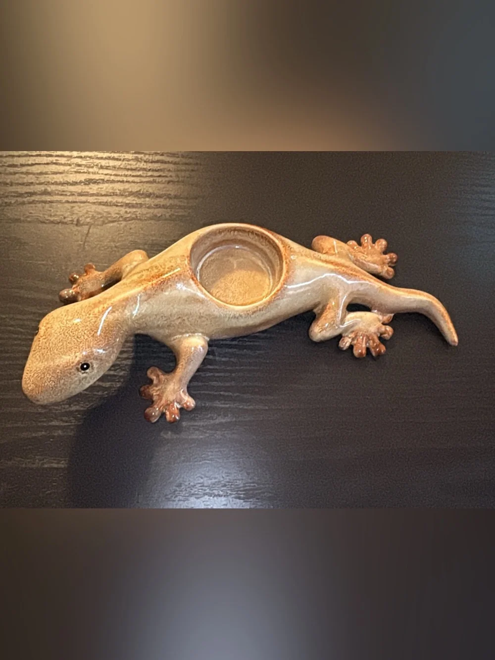 PartyLite Tropical Gecko Tealight Candle Holder Glazed Beige Ceramic 9.5”